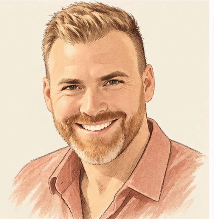 Pencil and watercolor illustration of Dan Morgan smiling, in a pink button-up shirt